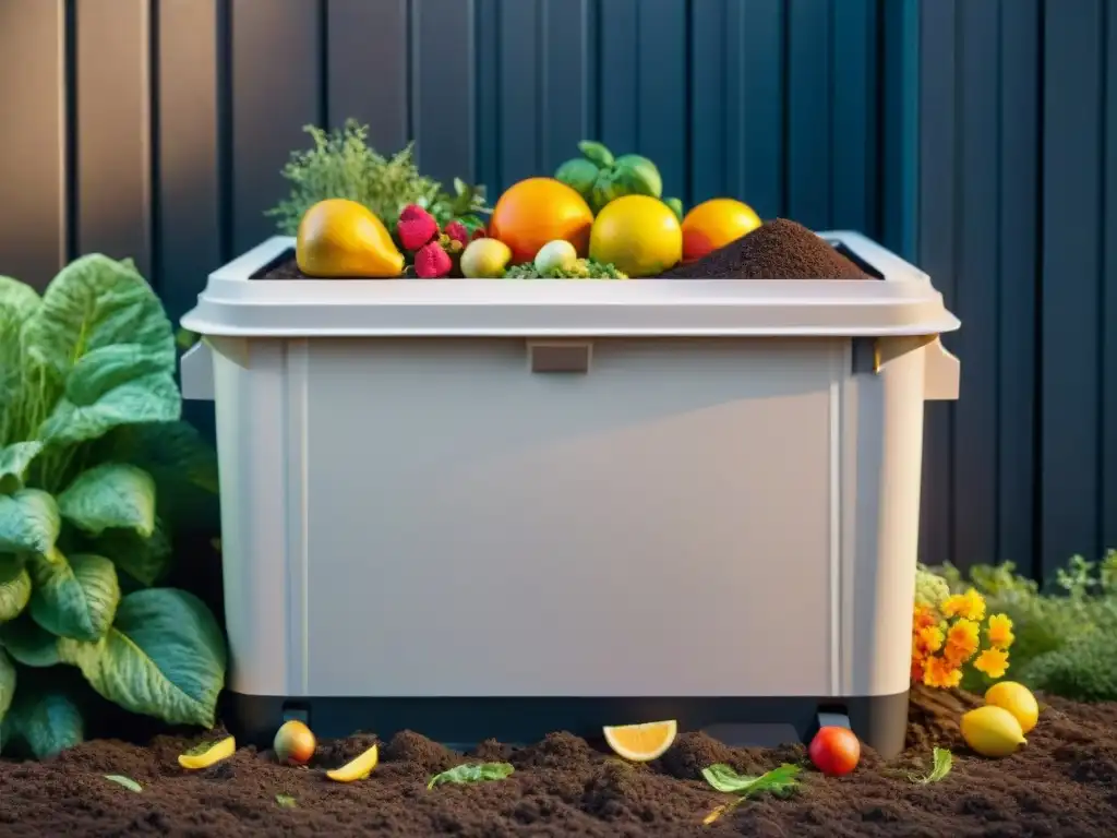 Un hermoso y detallado huerto urbano rebosante de una compostera gourmet con frutas, verduras y flores coloridas