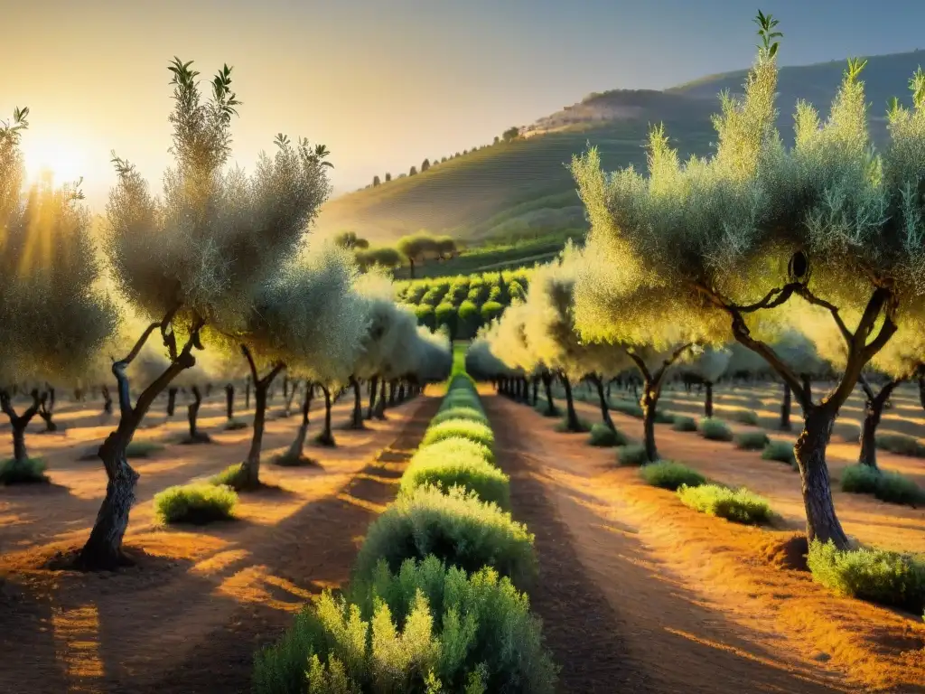 Un hermoso olivar al atardecer, con un resplandor cálido y etéreo sobre los olivos