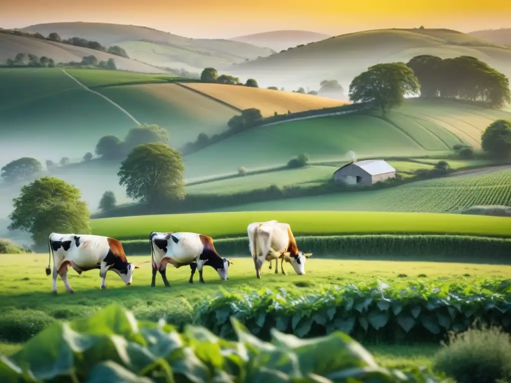 Hermoso paisaje rural con vacas pastando en prado verde al atardecer