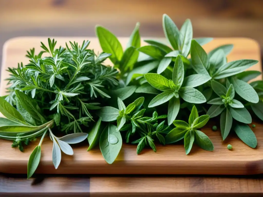 Hierbas aromáticas para cocina gourmet: Detalle realista de hierbas frescas en tabla de madera rústica, con gotas de agua sobre hojas brillantes