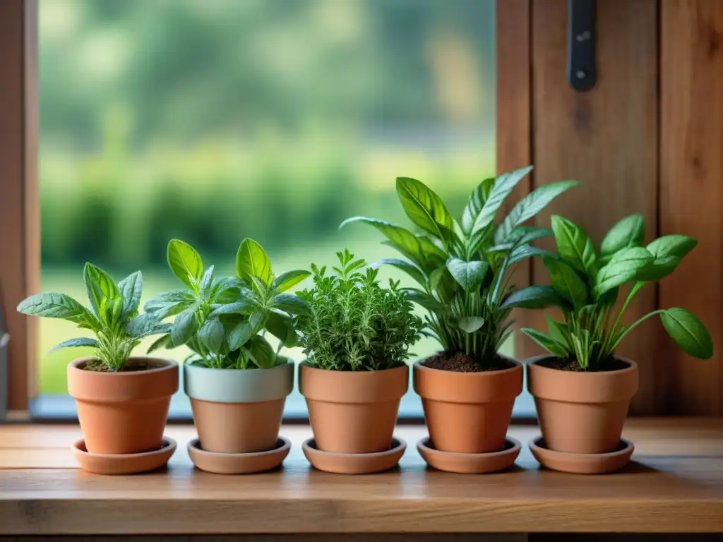 Hierbas aromáticas frescas en macetas de terracota sobre mesa rústica de cocina, inspirando chefs y cocineros caseros