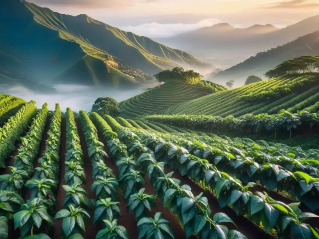 Plantación de café al amanecer, con hileras de plantas cargadas de cerezas rojas