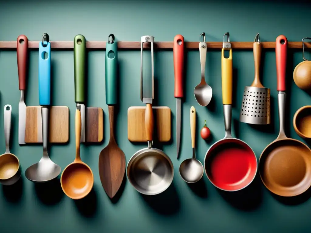 Evolución culinaria: utensilios de cocina a lo largo de la historia Una representación hiperrealista de utensilios de cocina que muestra la evolución histórica de herramientas culinarias