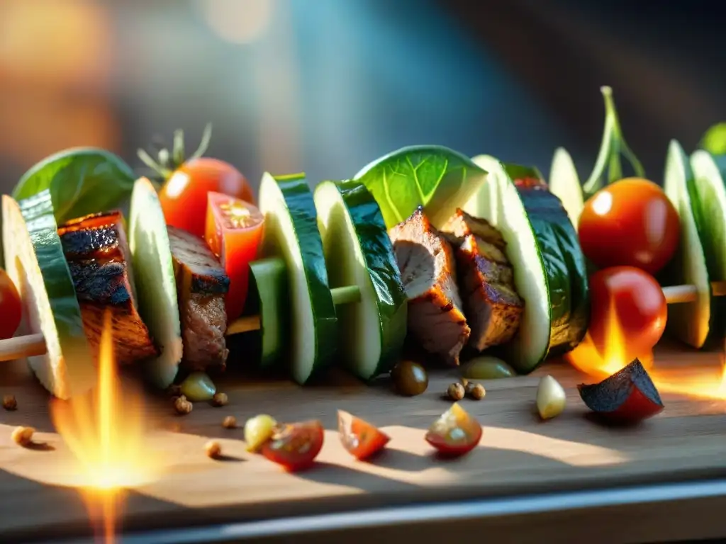 Una historia auténtica: kebab turco girando en el asador, rodeado de ingredientes frescos y bañado por la luz del sol