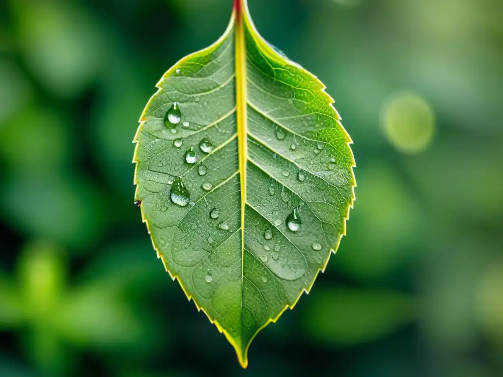 Una hoja santa verde vibrante con gotas de rocío bajo la luz suave del sol, perfecta para recetas con hoja santa gourmet