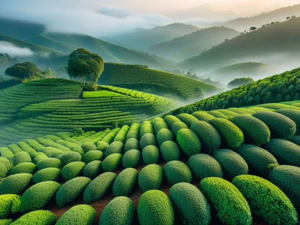 Maravillosa plantación de té al amanecer, con hojas frescas y el suave resplandor del sol, ideal para maridajes de té productos temporada