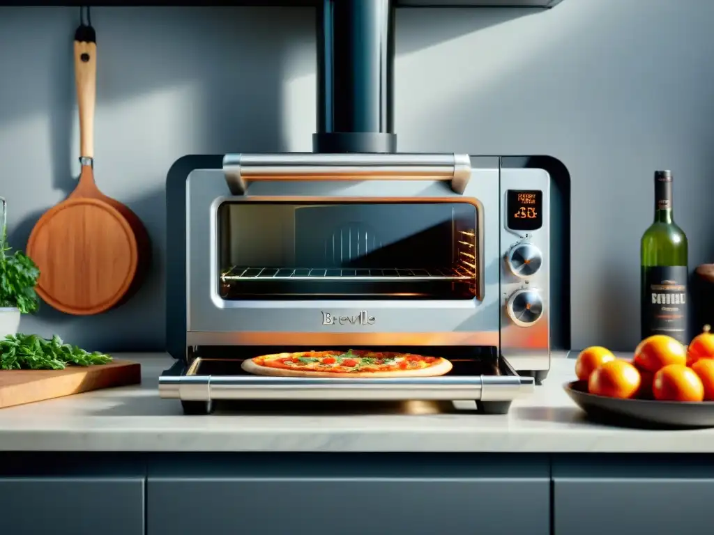 Un horno Breville Smart Oven Pizzaiolo en una encimera de cocina moderna, iluminado con tecnología avanzada