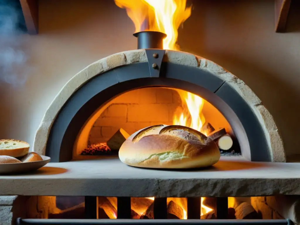 Un horno de piedra rústico con panes dorados, horneados con técnicas de cocción a la piedra