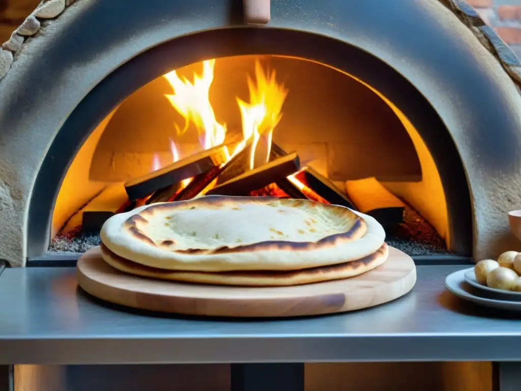 Un horno de piedra tradicional lleno de panes planos recién horneados de todo el mundo, destacando técnicas tradicionales