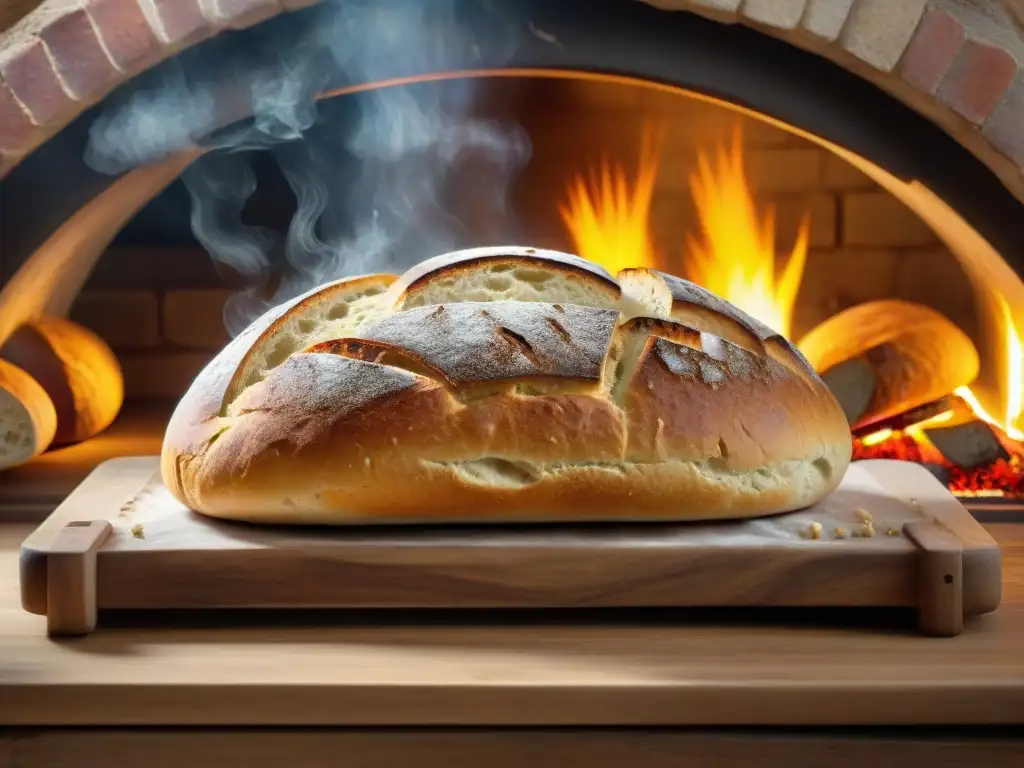 Un horno de piedra tradicional con pan recién horneado, mostrando una corteza dorada y un interior suave