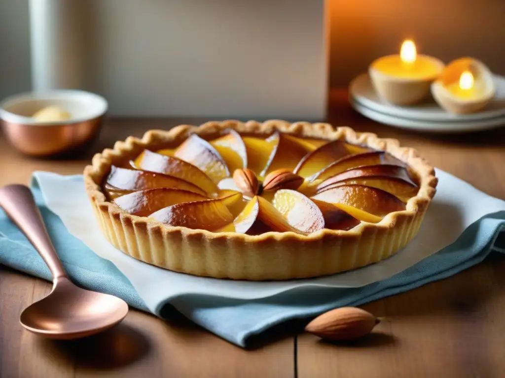 Del horno a tu corazón: una tarta Frangipane recién horneada con una masa dorada y un relleno de almendra dulce, en una cocina francesa acogedora