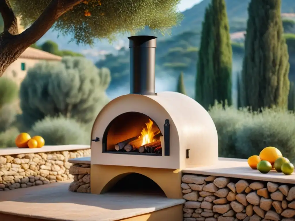 Horno tradicional mediterráneo de piedra con humo aromático, en un entorno de olivos y cítricos