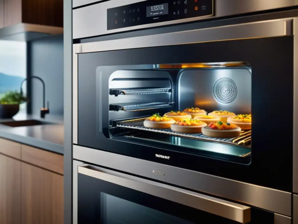 Un horno de última generación gourmet en una cocina elegante y moderna, con innovaciones tecnológicas y ambiente culinario sofisticado