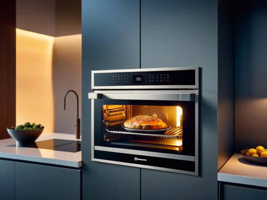 Horno de última generación gourmet con diseño elegante y tecnología avanzada, iluminado con luz ambiental suave