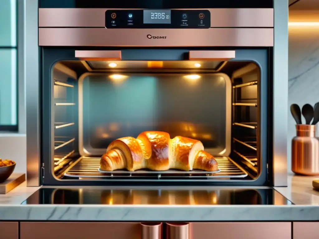 Horno de última generación para repostería con croissants dorados horneándose, cocina moderna y ambiente acogedor