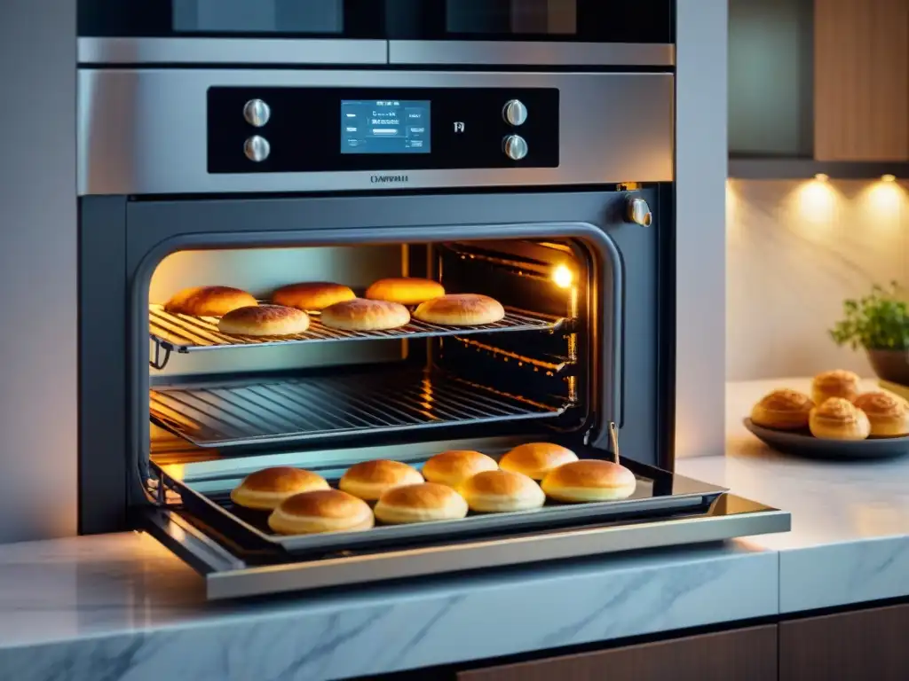 Un horno de última generación horneando repostería dorada en una cocina elegante y acogedora