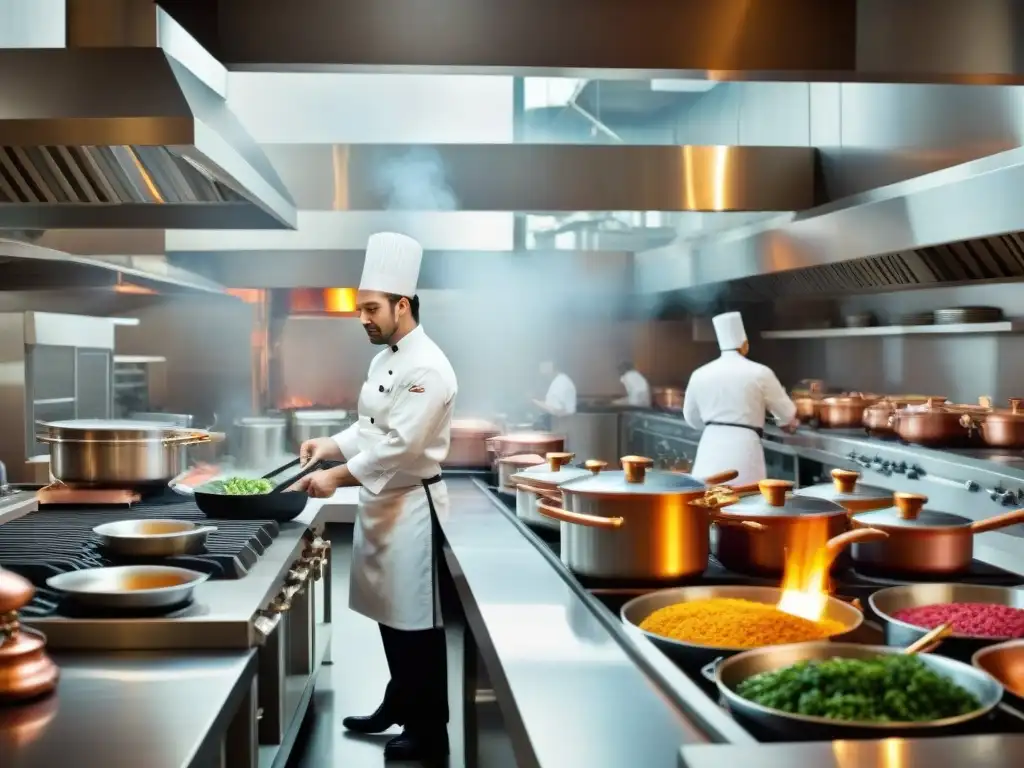 Hoteles con chefs famosos en una lujosa cocina, creando platos exquisitos bajo el cálido brillo de ollas de cobre