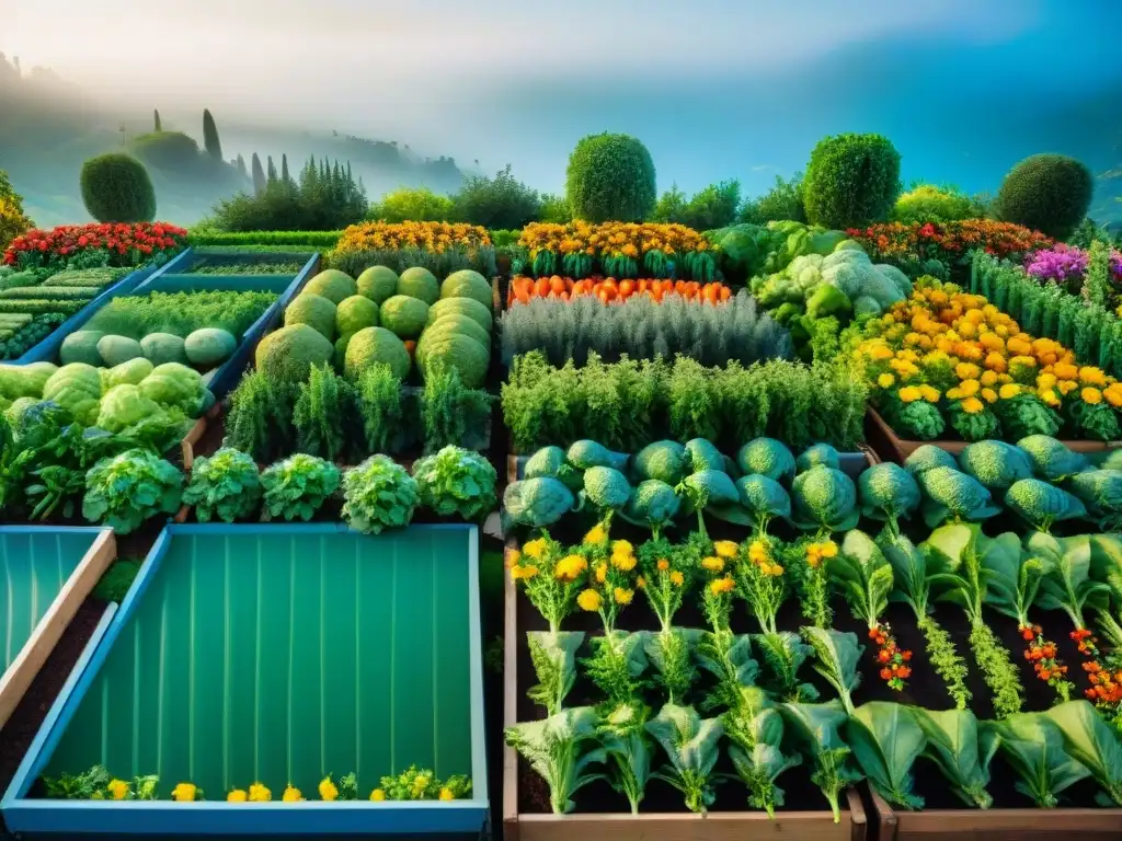 Un huerto gourmet en casa rebosante de vegetales, frutas y hierbas coloridas, bajo un cielo azul perfecto