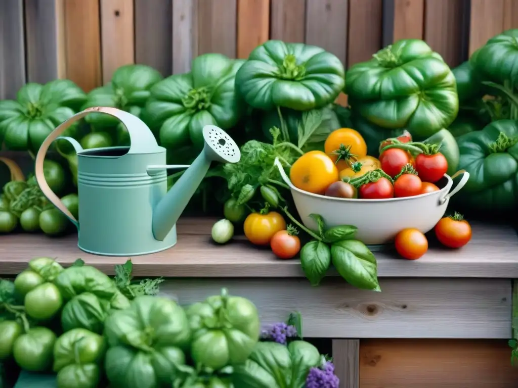 Un huerto gourmet en casa: tomates, albahaca y hierbas frescas en un jardín vibrante y detallado