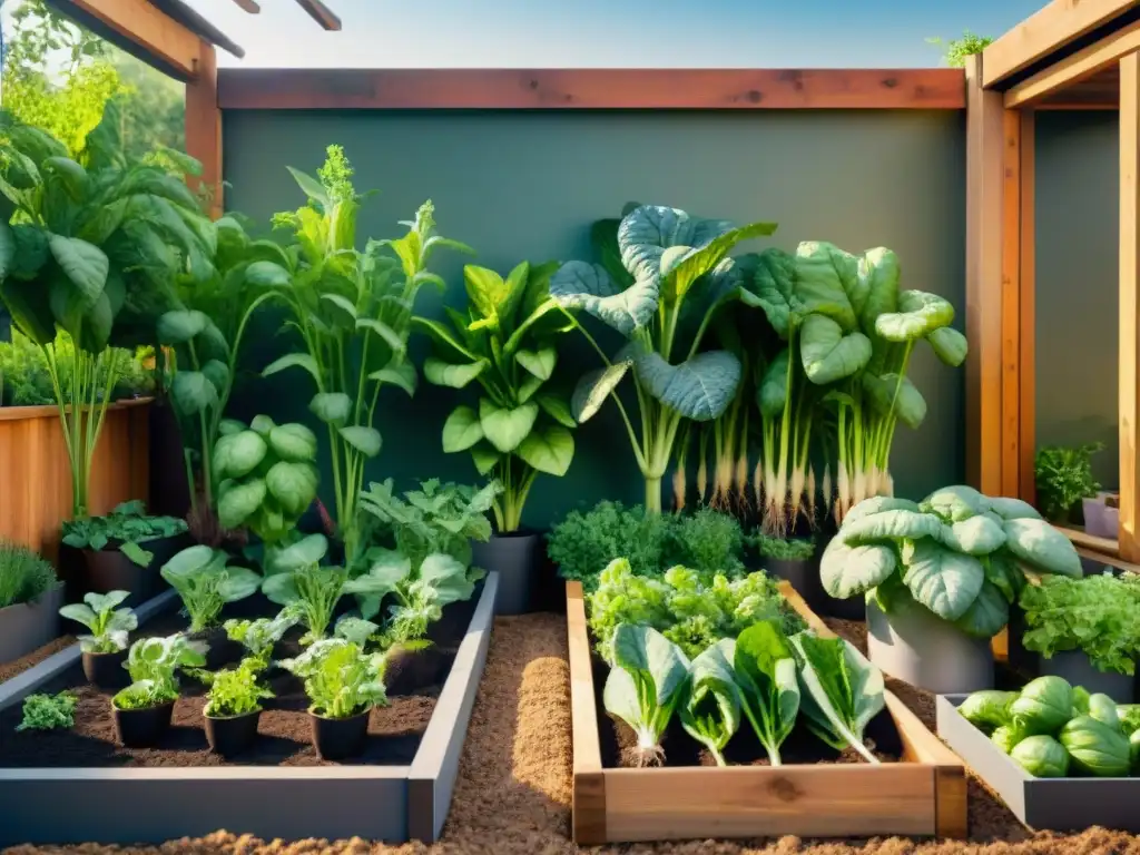 Un huerto gourmet en casa: verduras y hierbas en camas elevadas, bañadas por la luz del sol, sombras intrincadas en la tierra fértil