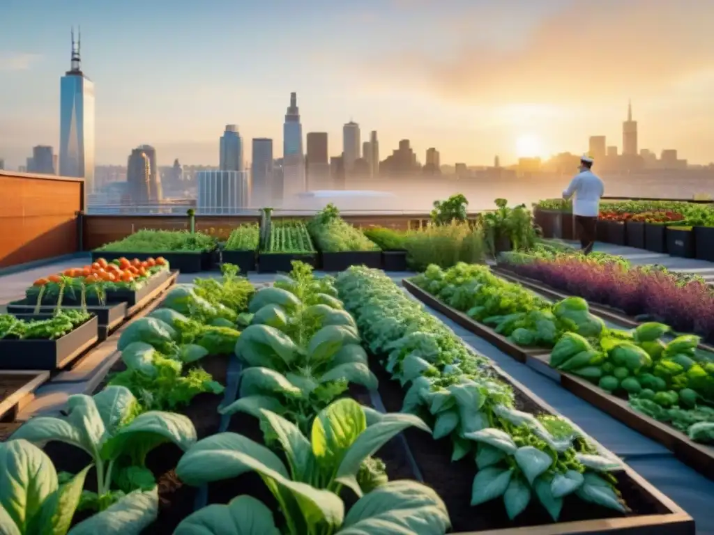 Un huerto urbano gastronómico en la azotea de la ciudad, con vegetales y hierbas vibrantes bajo la luz dorada del atardecer