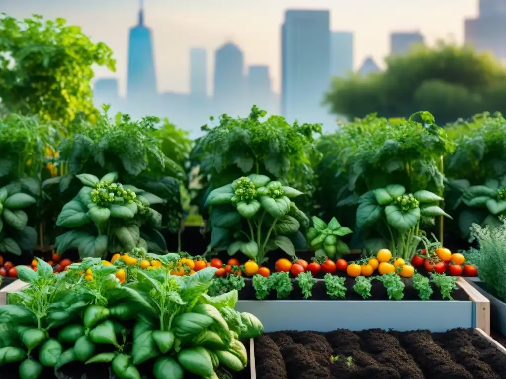 Un huerto urbano gourmet con diseño práctico y sofisticado lleno de tomates, hierbas y flores comestibles coloridas, con abejas revoloteando