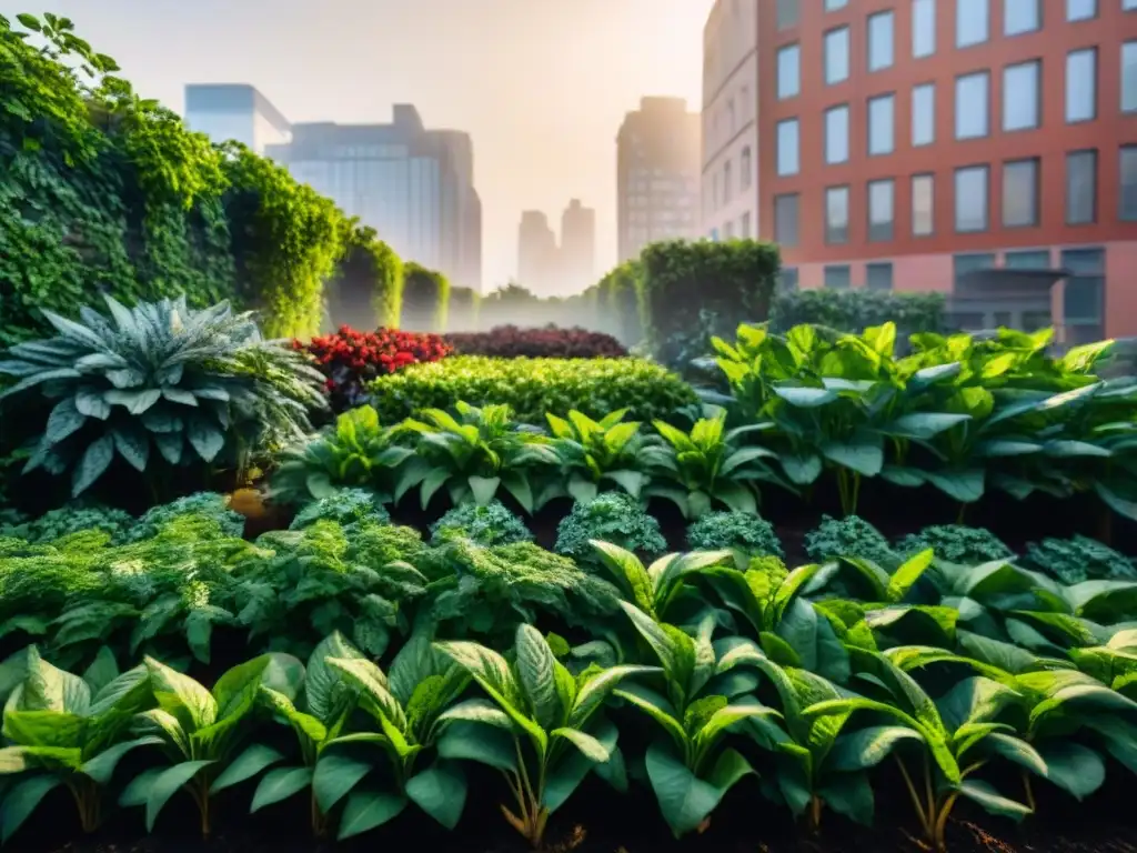 Huerto urbano con plantas vibrantes y Composta gourmet para huerto urbano en ciudad moderna