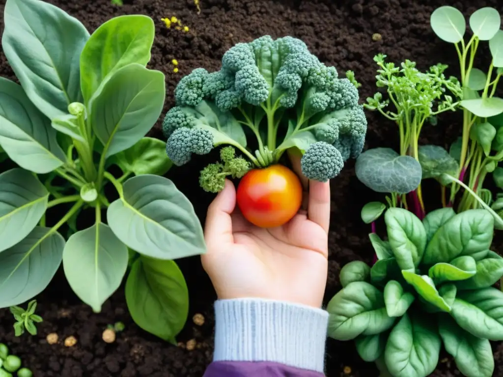 Un huerto urbano rebosante de verduras gourmet como tomates heirloom, acelgas arcoíris y coliflor morada, cuidado con esmero por un jardinero