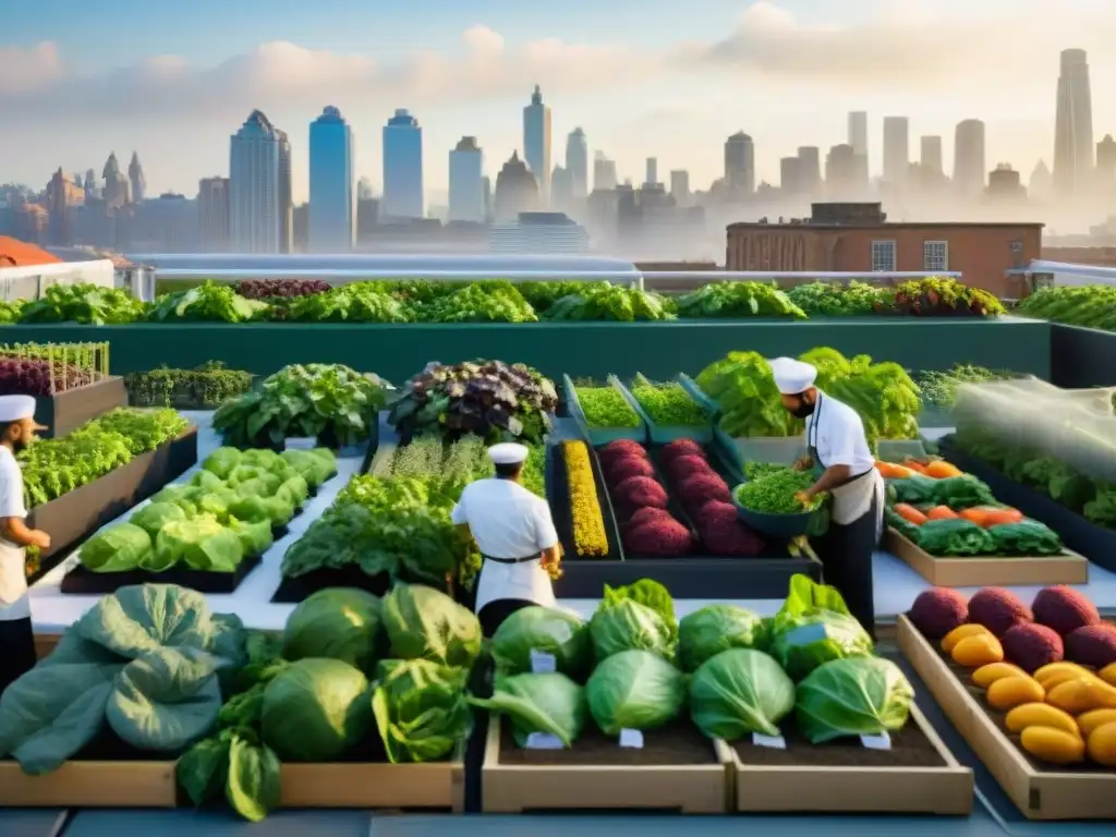 Huertos urbanos crean cambio culinario en la ciudad, chefs seleccionan frutas y verduras frescas en un jardín urbano vibrante