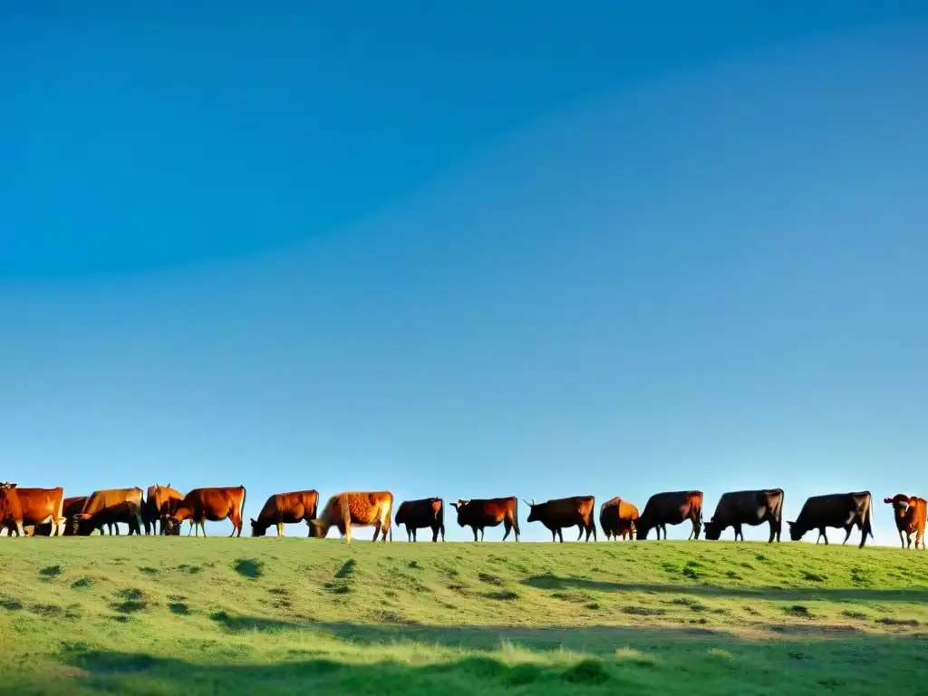 Idílica escena de campo con vacas premium pastando bajo el sol