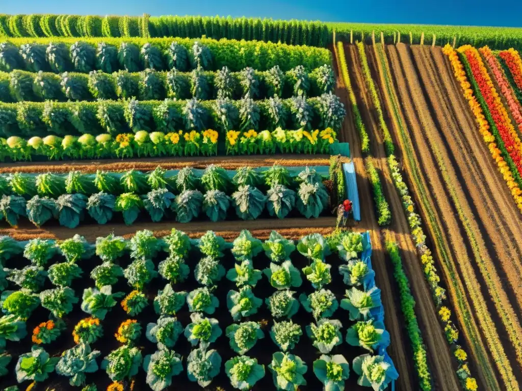 Un idílico huerto orgánico con frutas y verduras coloridas, abejas y mariposas revoloteando, y un granjero cuidando las cosechas