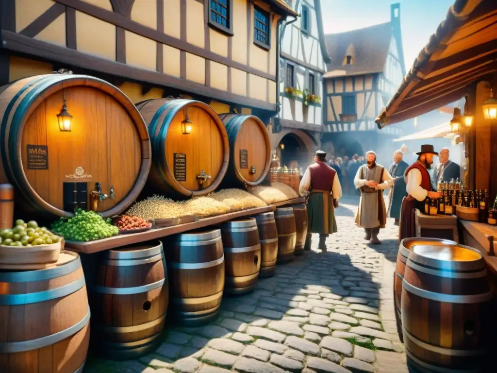 Una ilustración detallada y realista de un bullicioso mercado medieval donde se vende cerveza en barriles de madera, clientes prueban la bebida y hay fondos históricos