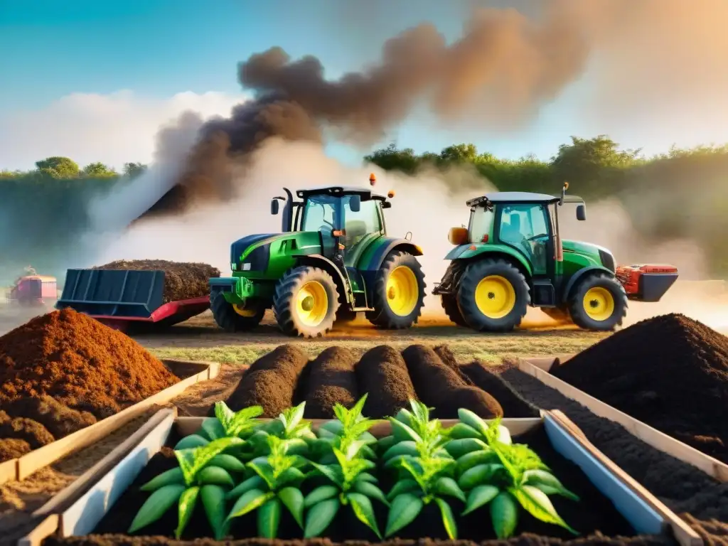 Una ilustración detallada y realista de una escena bulliciosa en una granja local, con agricultores colaborando en actividades de compostaje