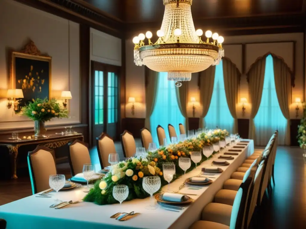 Banquete histórico: detalle ultra realista de mesa opulenta Una ilustración detallada y realista de una mesa de banquete en un lujoso comedor histórico