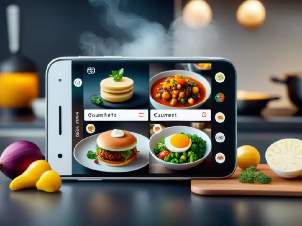 Una imagen de alta resolución y realista de un smartphone moderno mostrando una sofisticada interfaz de aplicación de cocina gourmet