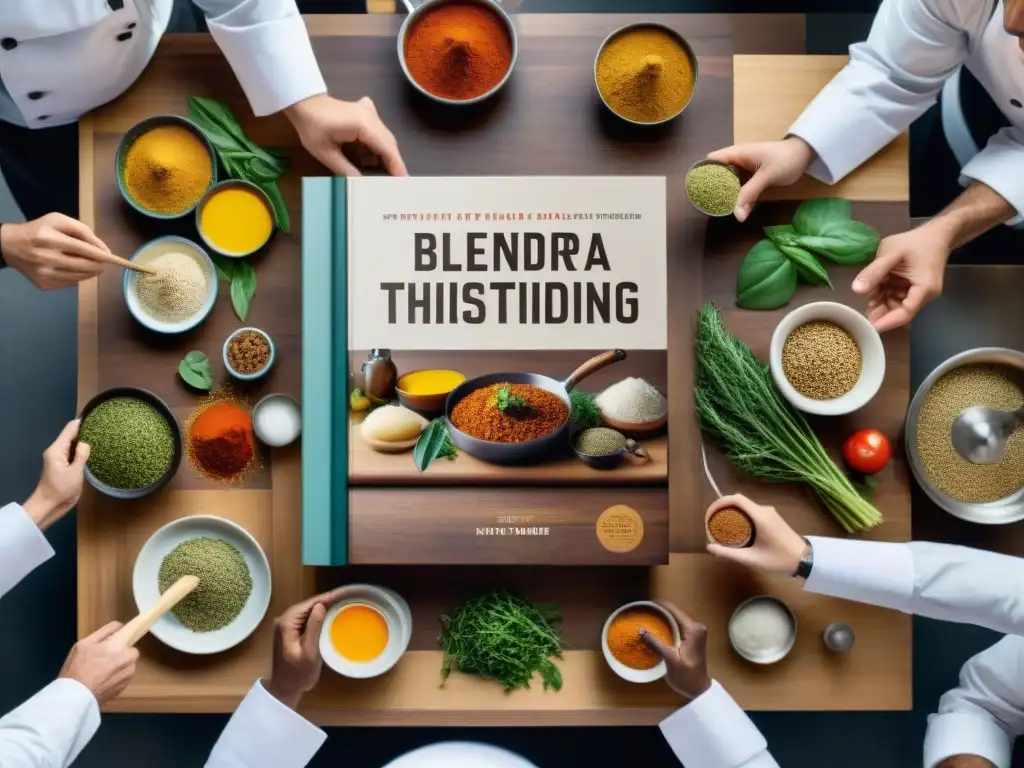 Una imagen de chefs de diversas culturas en una mesa de madera, con libros y especias, reflejando la cocina fusión y el intercambio de ideas