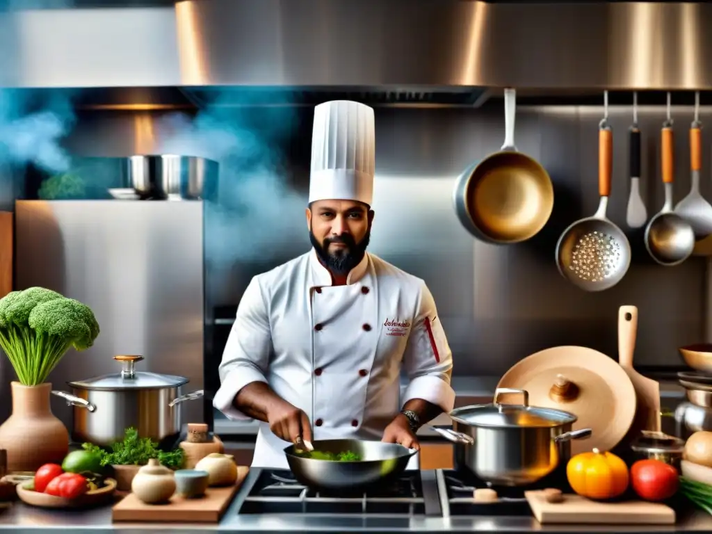 Una imagen de chefs de todo el mundo en trajes tradicionales compartiendo utensilios culinarios, fusionando tradición e innovación