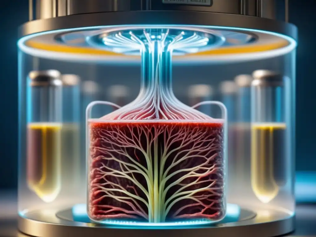 Una imagen detallada de un biorreactor con carne cultivada en laboratorio