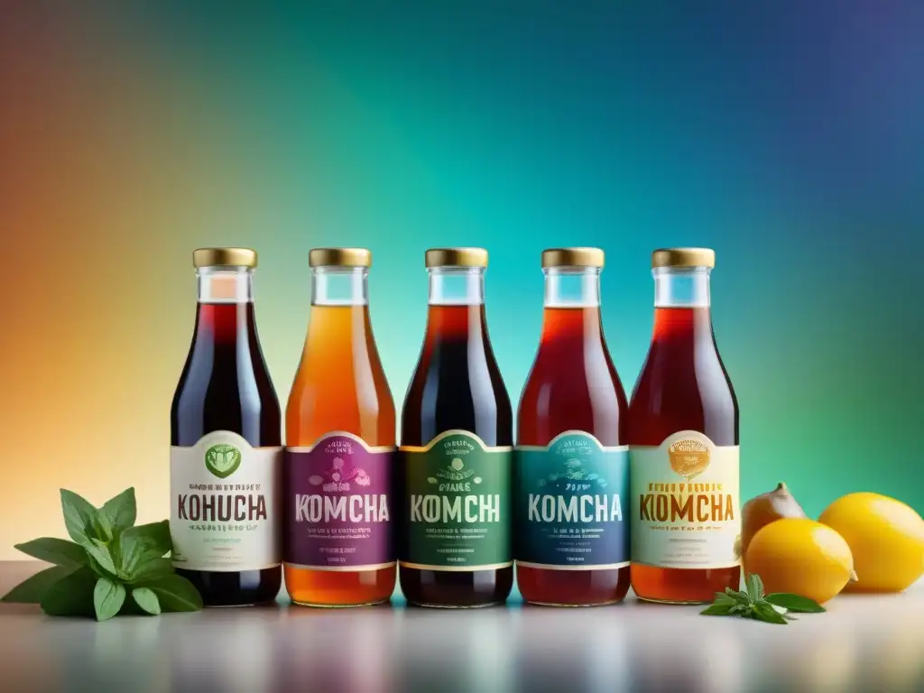 Una imagen detallada de botellas elegantes de Kombucha gourmet con diseños intrincados y colores vibrantes, en un entorno de cocina gourmet