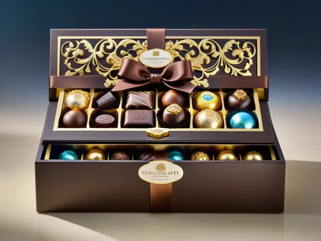 Exquisita caja de madera con chocolates gourmet: lujo y elegancia Imagen detallada de una caja suscripción chocolates regalo gourmet, repleta de exquisitos bombones artesanales y decorada con lujo y elegancia