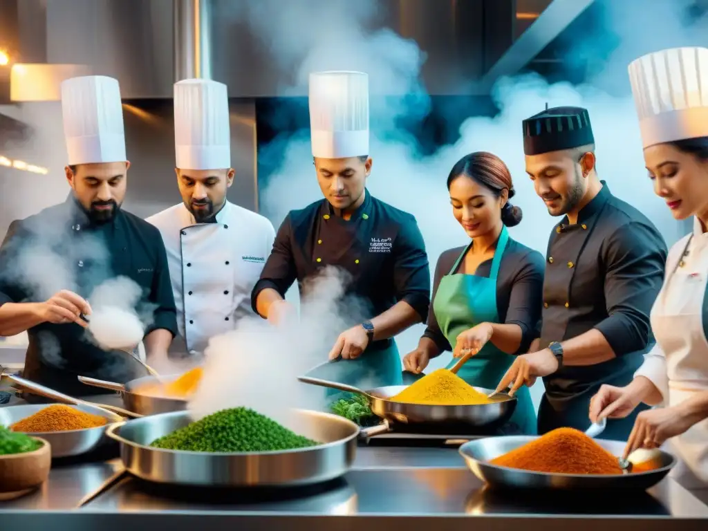 Una imagen detallada de chefs innovadores de todo el mundo preparando platos étnicos en una cocina moderna