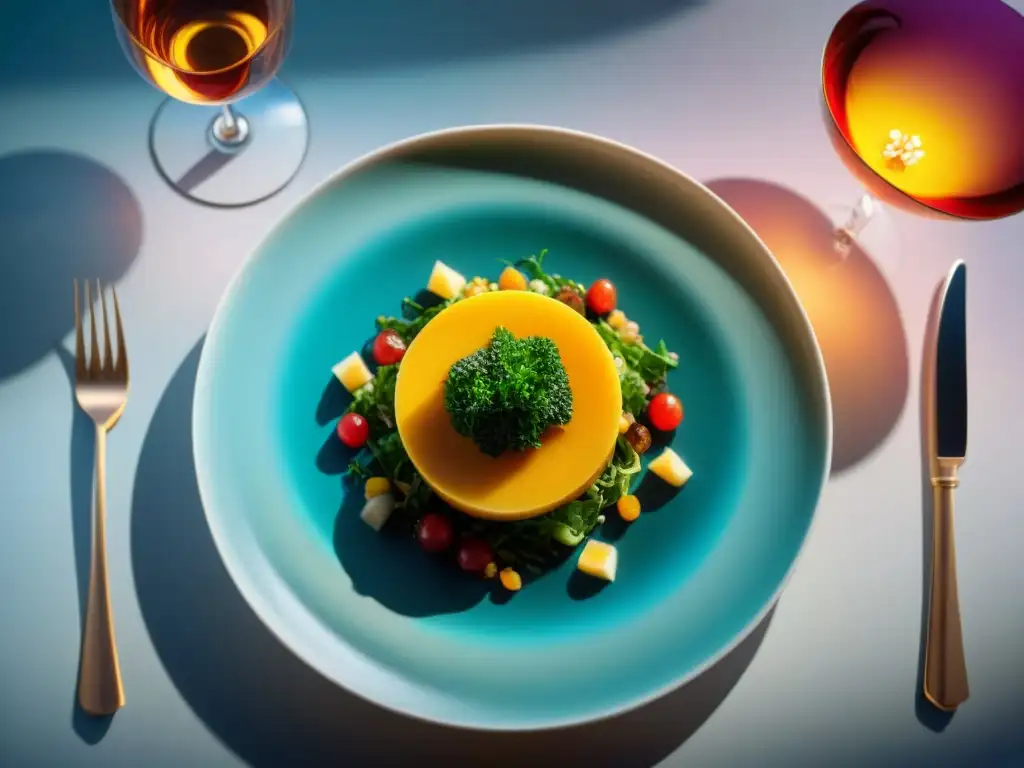 Una imagen detallada de un exquisito plato gourmet, con colores vibrantes y decoraciones elaboradas, en un ambiente elegante