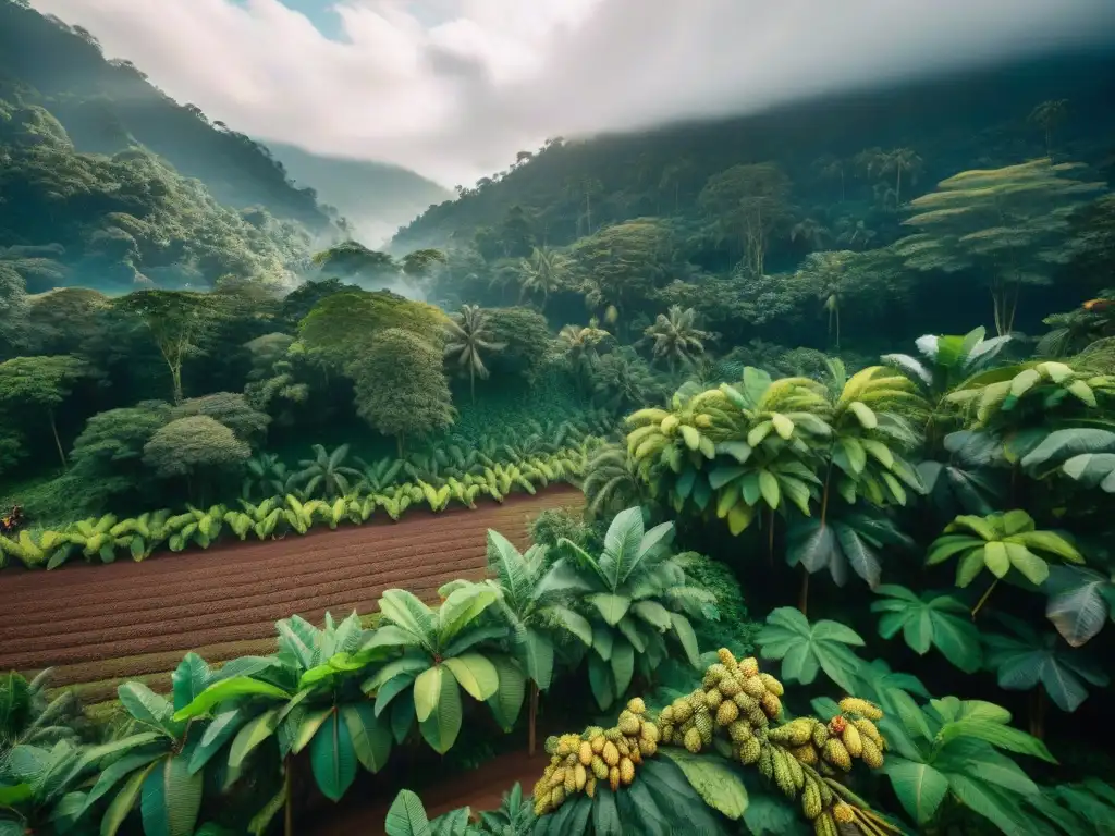 Imagen detallada de una finca de cacao en la selva tropical, con agricultores recolectando vainas de cacao