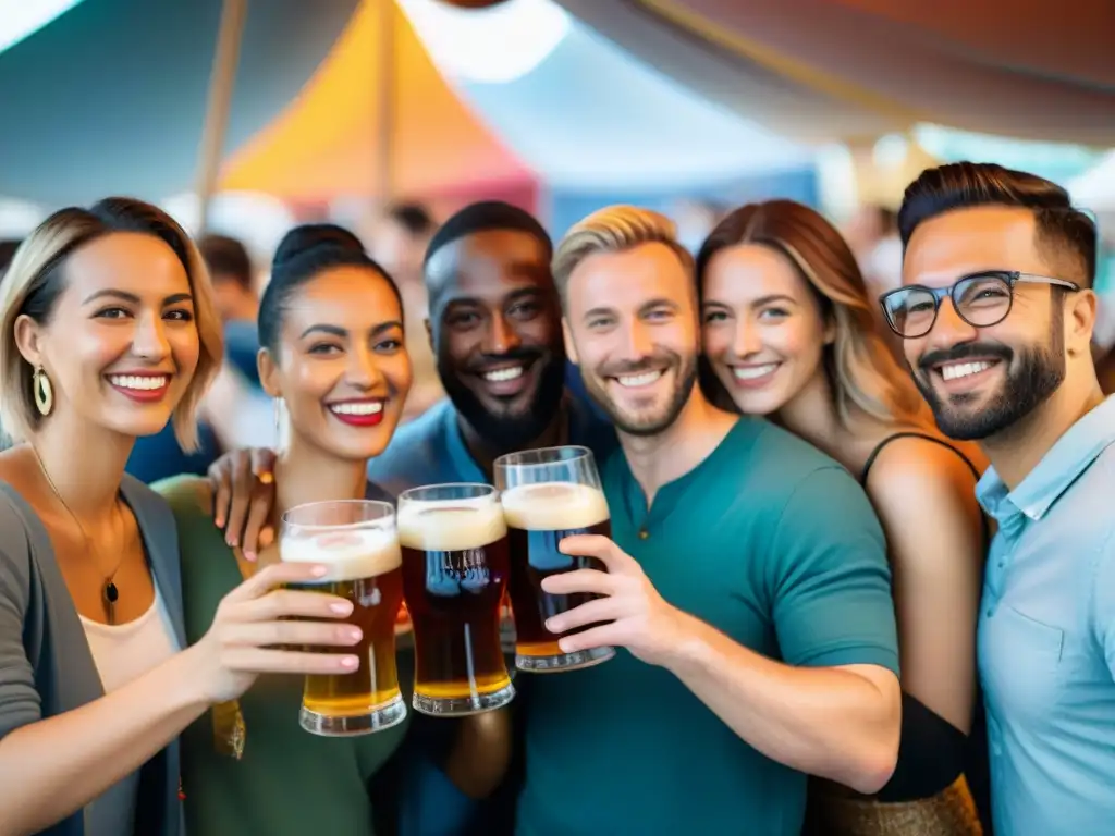 Una imagen detallada de un grupo diverso brindando con cerveza artesanal en un festival internacional