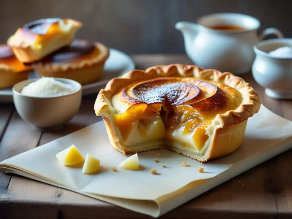 Una imagen detallada de un KouignAmann recién horneado en una mesa rústica, junto a un libro de recetas francés vintage