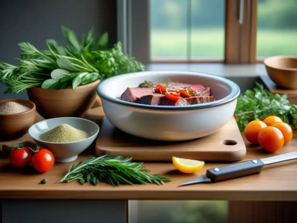 Una imagen detallada de una mesa rústica con equipo para técnicas de curado de salmuera para carnes exquisitas