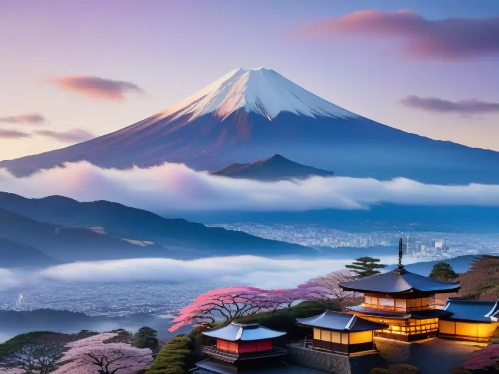 Imagen detallada de Monte Fuji al anochecer con destilería de whisky japonesa, fusionando tradición y modernidad