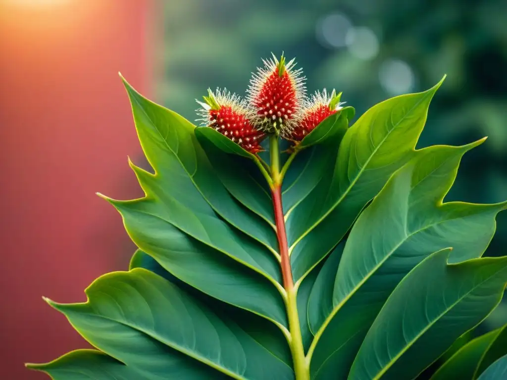 Imagen detallada de planta de annatto rojo en hábitat natural bajo el cálido sol tropical de México