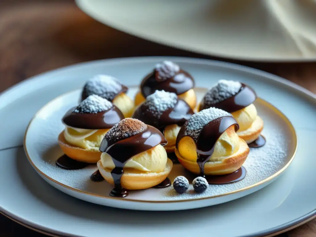 Imagen detallada de profiteroles gourmet bañados en ganache de chocolate, listos para saborear