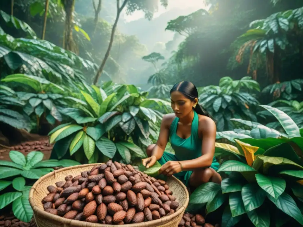 Una imagen detallada y realista de antiguos mayas cosechando cacao en la selva